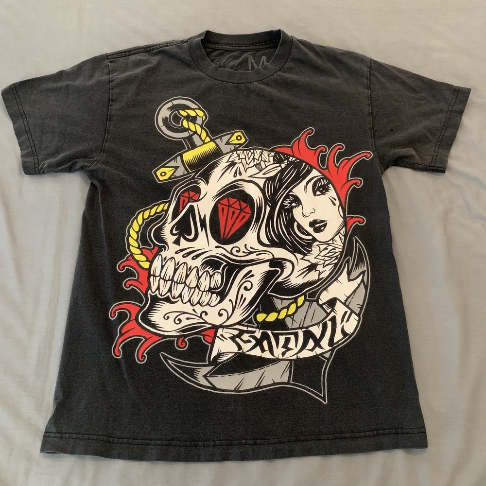 Fatal Clothing Shirt Mens Medium Black Tattoo Skull Anchor Rose Graphic Tee Punk